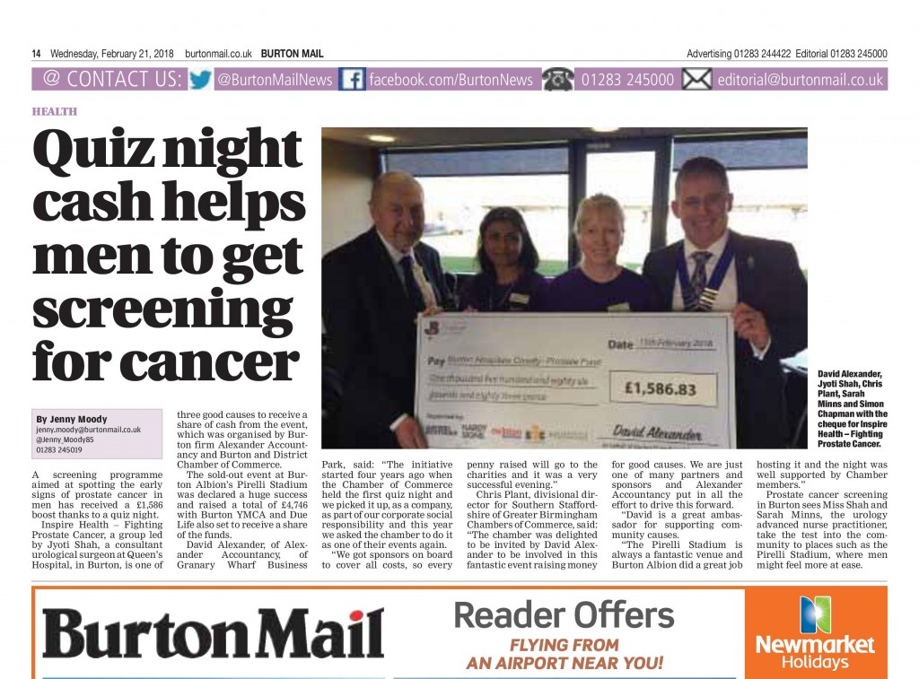 Prostate Cancer Benefit from Charity Quiz donation Burton on Trent - Chamber of Commerce -Alexander Accountancy