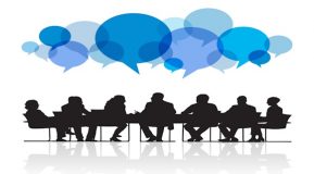 illustration silhouette of a business meeting sitting down at a boardroom table with speech bubbles above their heads