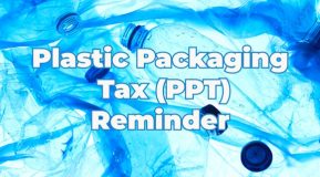 plastic bottle floating in water text overlay reads Plastic Packaging Tax reminder