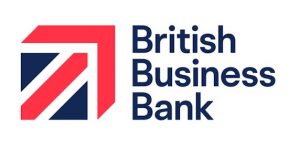 Logo of British business bank red diagonal arrow inset blue square, British Business Bank wording