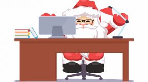 Illustration of Santa Claus sitting at a desktop PC looking pleased with himself with both hands raised in the air