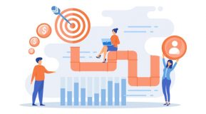 Streamlining your business - Sales reps and managers analyze sales pipeline. Sales pipeline management, representation of sales prospects, customer prospects lifecycle concept, flat vector modern illustration