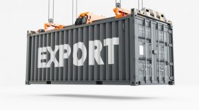 A grey shipping container with the word Export on the side in white text