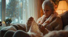 An elderly lady knits a white scarf while sitting on a couch