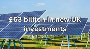 image of a solar farm with the text £63 billion in new UK investments overlayed on the image - image created with Canva pro