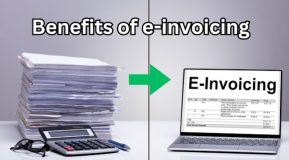 image of a pile of paper invoices on the left and a laptop on the right showing an e-invoice on the screen