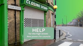 image of a high street shop with a sign saying closing down. Text overlay on the image reads - Help-for-the-high-street-New powers for councils. Image created with Canva Pro