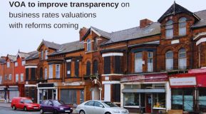 Image shows a row of shops with cars parked outside, text overlay reads VOA to improve transparency on business rates valuations with reforms coming. Image created using Canva Pro