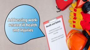 image shows clipboard, speech bubble and health and safety clothing - text overlay Addressing work related ill health and injuries - image source Freepik premium