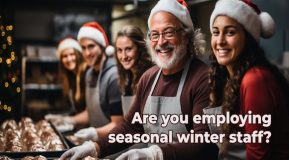 An AI generated Image from Freepik smiling men and women in a bakery setting smiling at the camera wearing Christmas hats