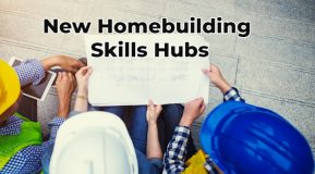 image two work people looking at plans wearing hard hats. Text overlay New Homebuilding Skills Hubs - source Freepik Premium