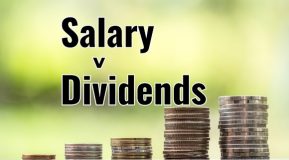 image shows a 5 columns of coins of various heights low on the left gradually higher to the right - text overlay says Salary v Dividends on a blurred green background