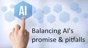 Image shows an index finger pointing to an AI symbol with overlay text - Balancing AI's promise and pitfalls - Freepik Premium