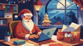 Modern Santa Claus sits at a laptop prepares his tax return at Christmas Vector flat illustration Christmas tax filing Getting ahead of the deadline 