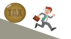 Ilustraion shows a man running down a slope with a brief case followed by a large rolling tax symbol