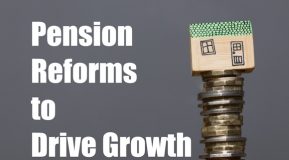 Image shows a tiny wodden house perched on the top of of a column of coins. White overlay text Pension reforms to drive growth - source Freepik premium